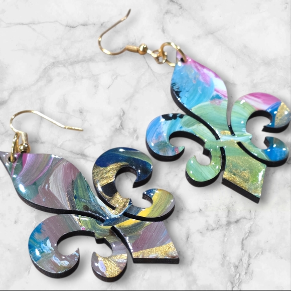 Hand Crafted Jewelry - Hand Crafted Handmade Earrings Boho Wood Mardi Gras Fleur-de-Lis Casual- E013